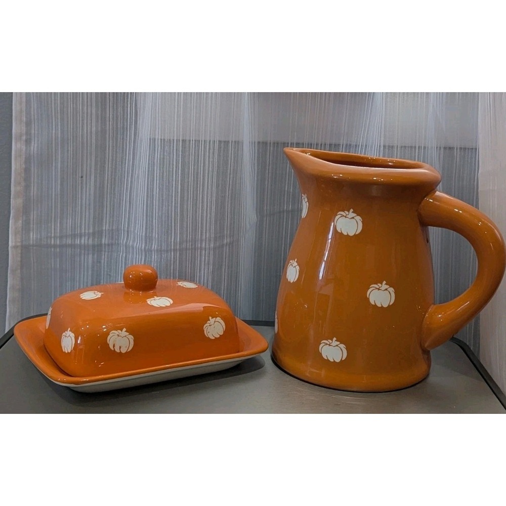 Terramoto‎ Ceramic Orange & White Pumpkins Autumn Fall Pitcher And Butter Dish